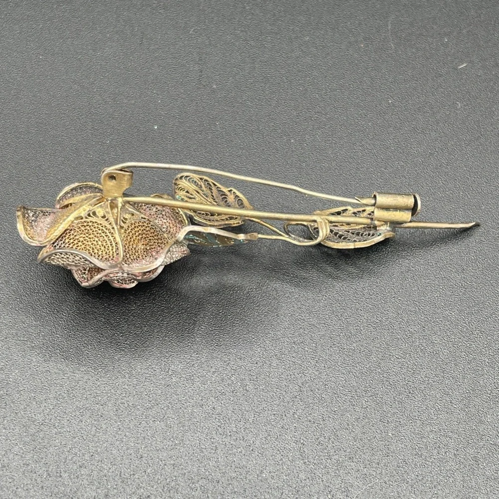 Antique Vintage Sterling Silver Floral Filigree Enamel Brooch Trombone Clasp 40s